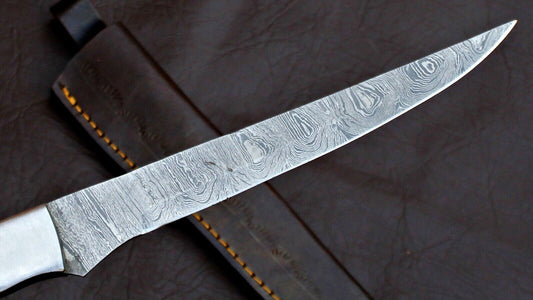 12" Damascus Fillet Knife Custom Handmade Fillet Knife W/Leather Sheath