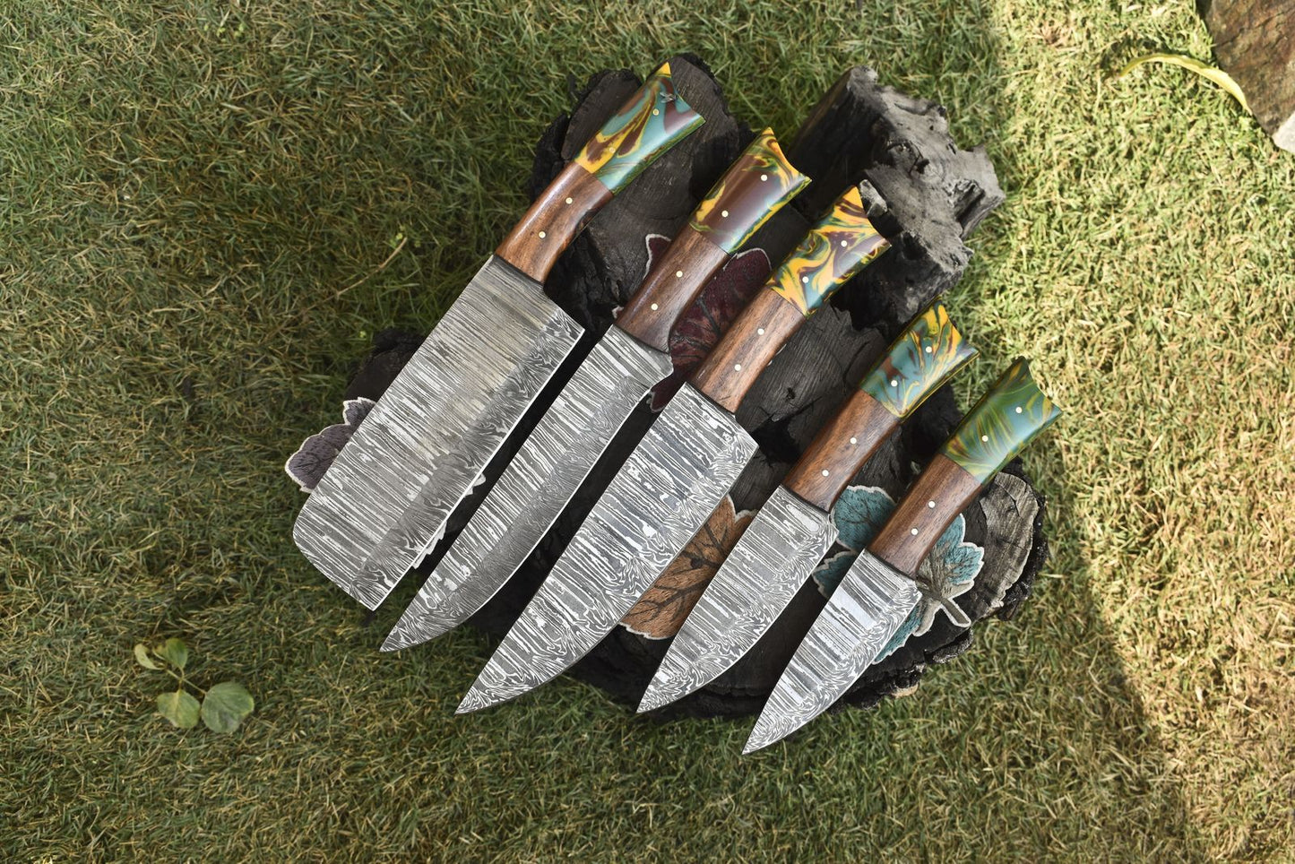 Custom Chef Knife Set Twist Damascus Steel with Mixed Material Handles – Lot of 5 Camping Knives
