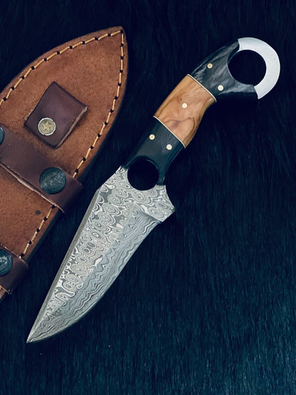 8.5" Custom Handmade Rain Drop Damascus Hunting Knife – Camel Bone & Wood Handle