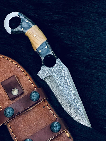 8.5" Custom Handmade Rain Drop Damascus Hunting Knife – Camel Bone & Wood Handle