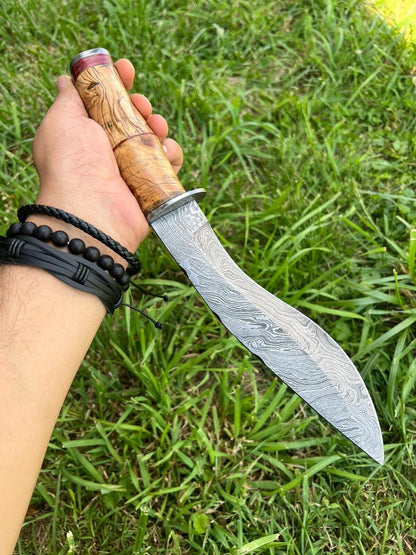 14" Hand Forged Damascus Kukri Bowie Knife | Wooden Handle & Leather Sheath