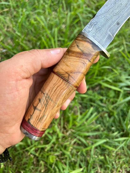 14" Hand Forged Damascus Kukri Bowie Knife | Wooden Handle & Leather Sheath