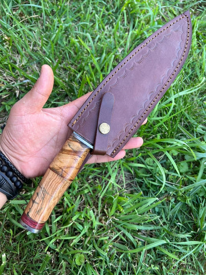 14" Hand Forged Damascus Kukri Bowie Knife | Wooden Handle & Leather Sheath
