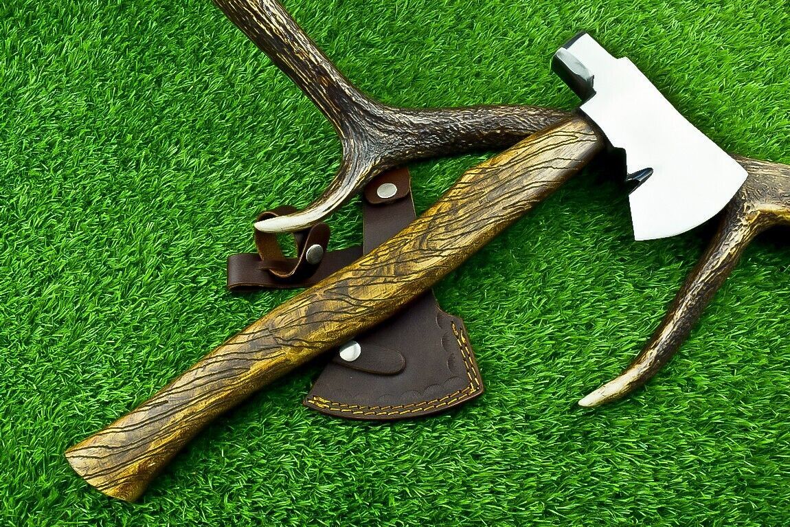 Hand Forged Viking Bearded Hatchet Axe with Carbon Steel Blade and Wooden Handle 19 Inch