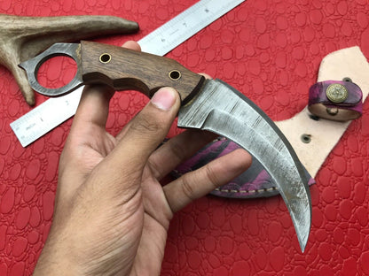 8" Handmade Damascus Karambit Damascus Steel Hunting Knife With Wood Handle