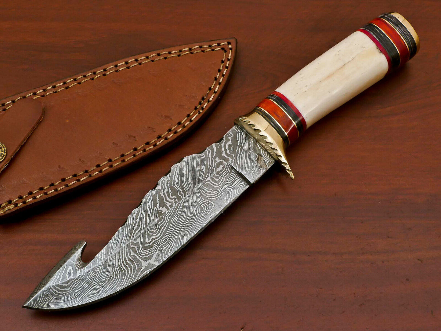 10.5" Handmade Damascus Bowie – Camel Bone & Pakka Wood Hunting Knife with Brass Guard