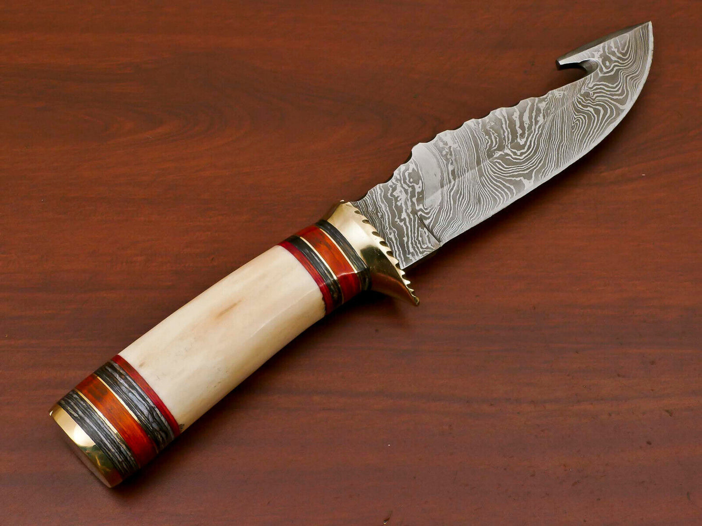 10.5" Handmade Damascus Bowie – Camel Bone & Pakka Wood Hunting Knife with Brass Guard