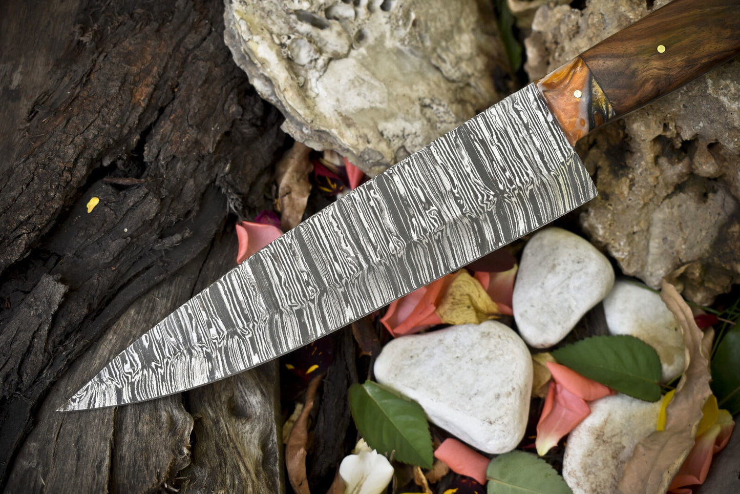 13" Handmade Twist Pattern Damascus Steel Chef Knife – Walnut Wood Handle & Micarta Bolster