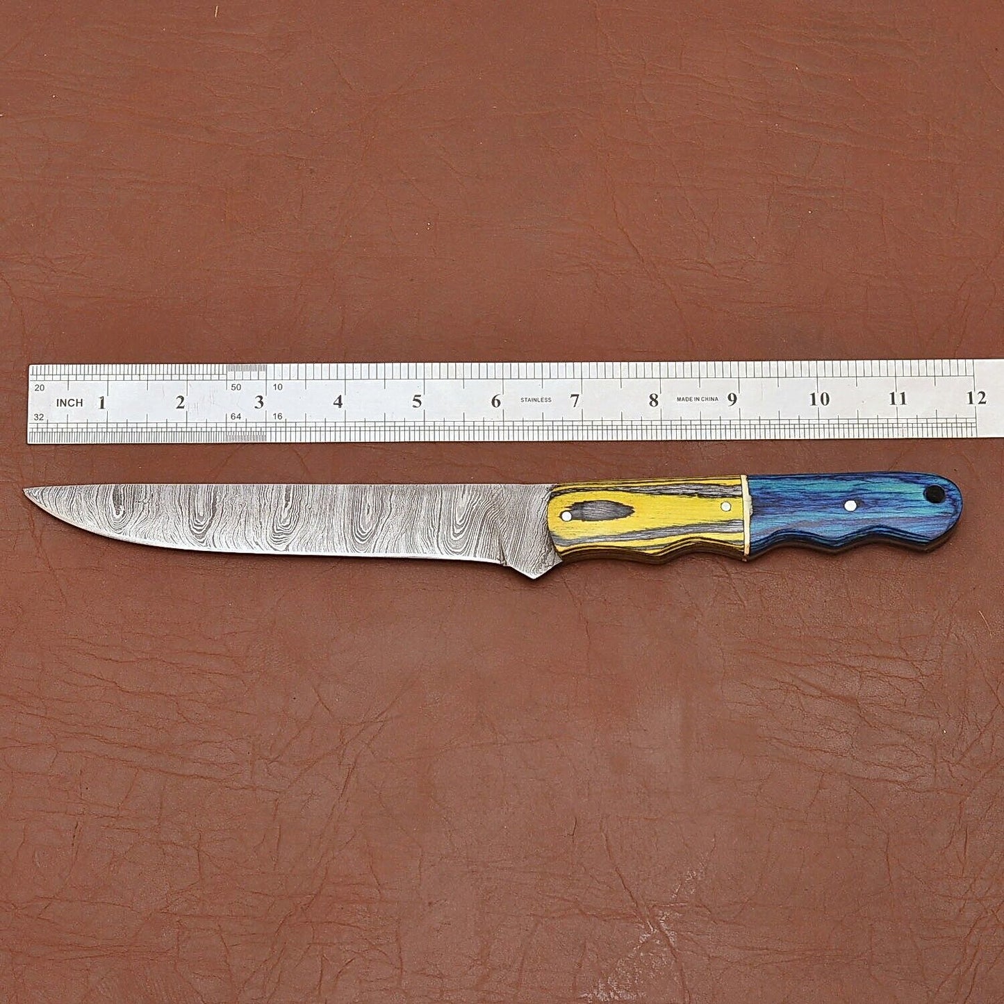 Custom Handmade Damascus Steel Chef Kitchen Knife | 12" Full Tang with Wood Handle & Leather Sheath