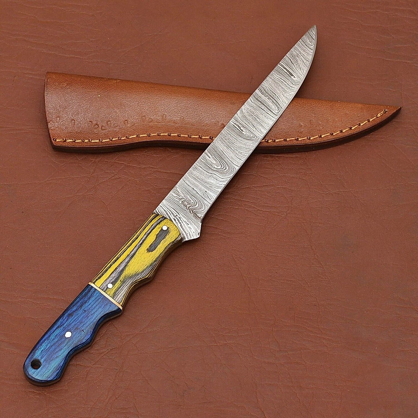 Custom Handmade Damascus Steel Chef Kitchen Knife | 12" Full Tang with Wood Handle & Leather Sheath