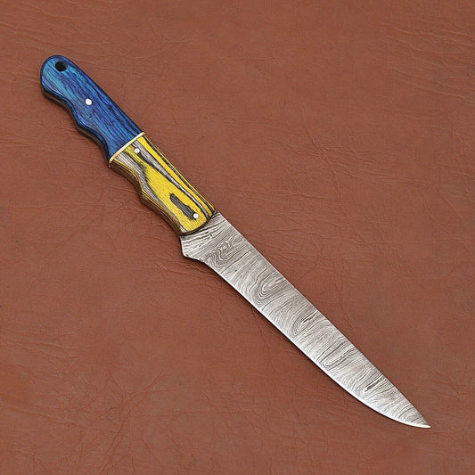Custom Handmade Damascus Steel Chef Kitchen Knife | 12" Full Tang with Wood Handle & Leather Sheath