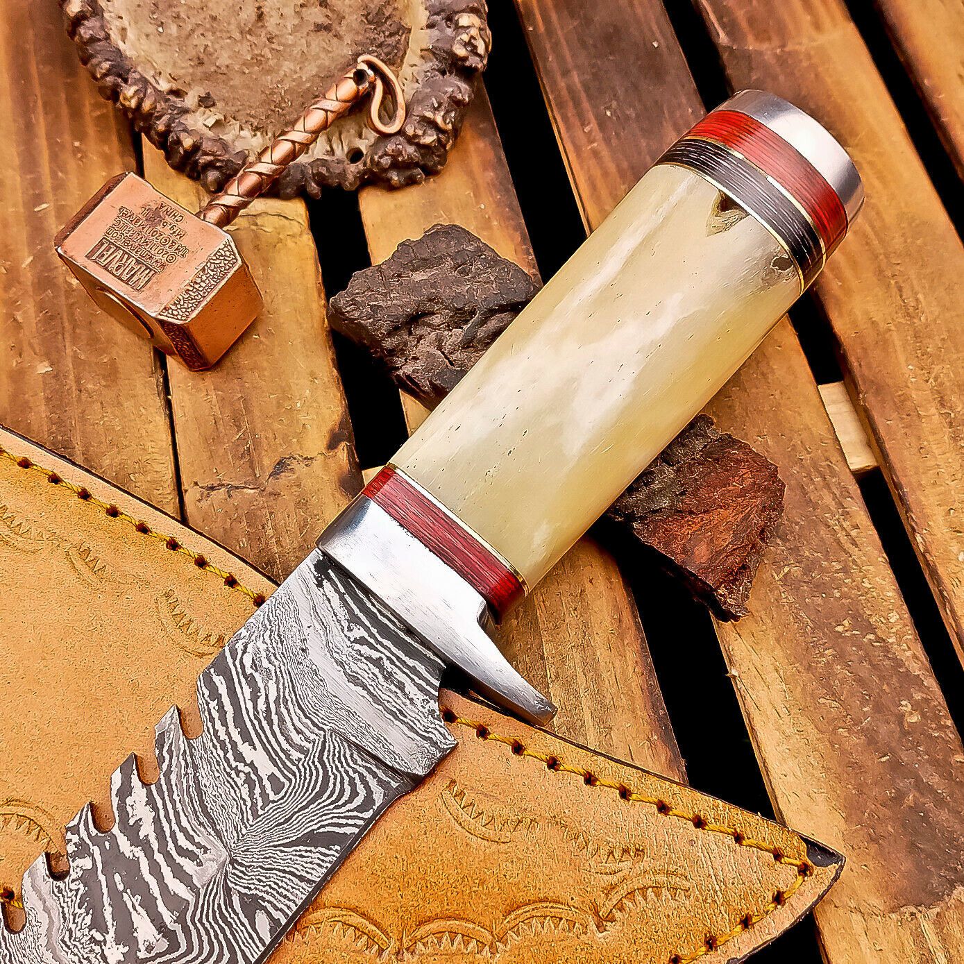12" Damascus Bowie Knife | Bone Handle & Leather Sheath