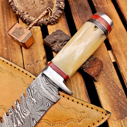 12" Damascus Bowie Knife | Bone Handle & Leather Sheath