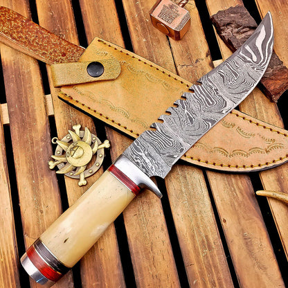 12" Damascus Bowie Knife | Bone Handle & Leather Sheath