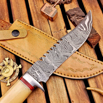 12" Damascus Bowie Knife | Bone Handle & Leather Sheath