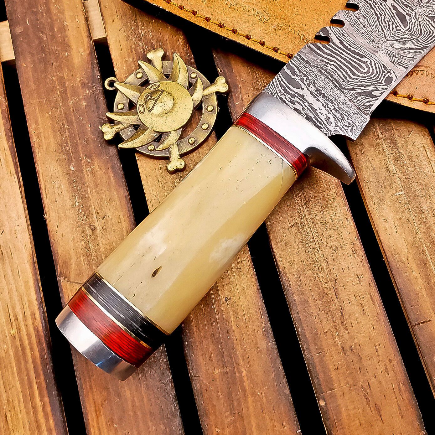 12" Damascus Bowie Knife | Bone Handle & Leather Sheath