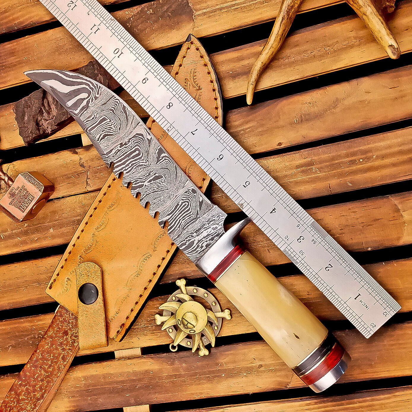 12" Damascus Bowie Knife | Bone Handle & Leather Sheath