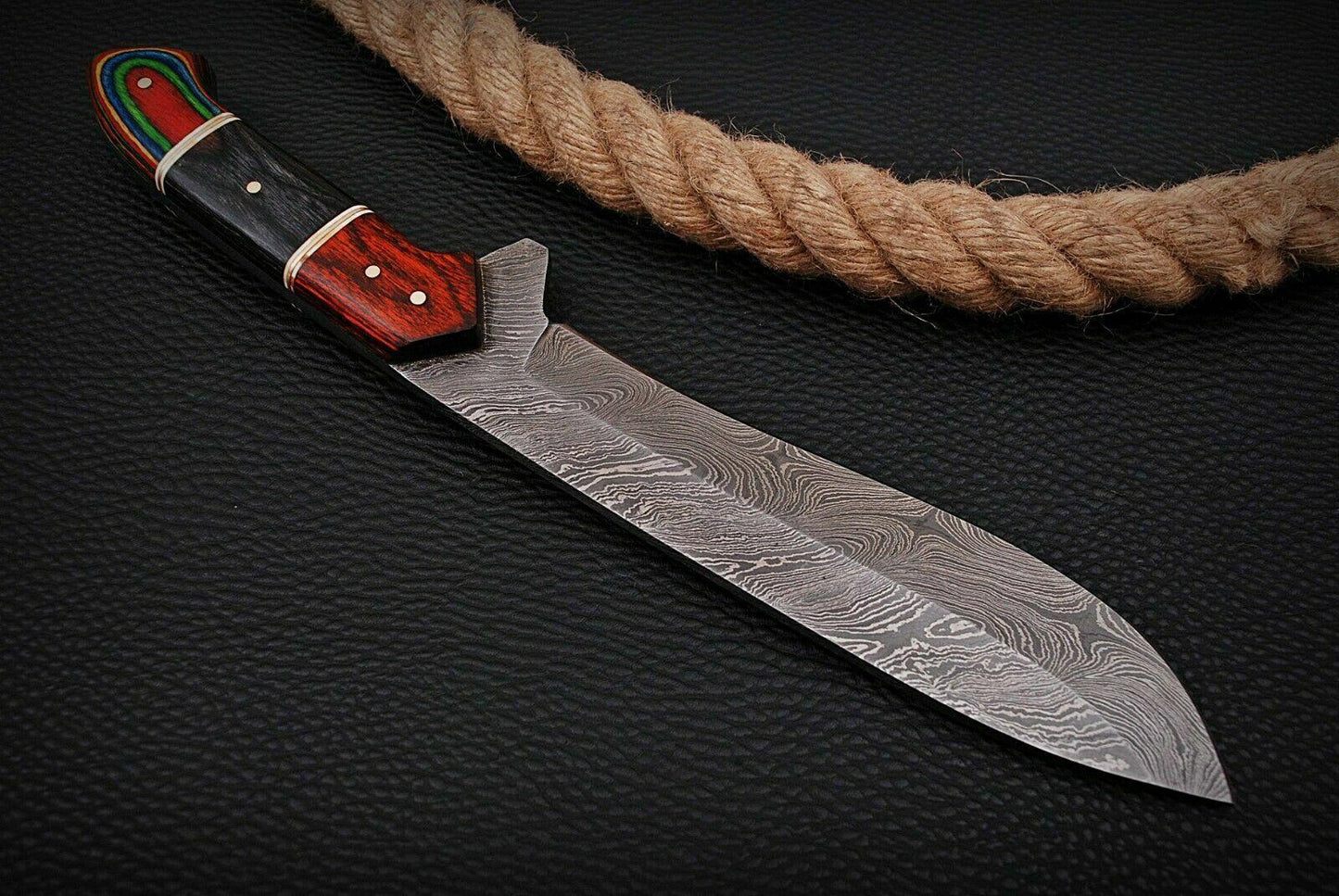 Heritage Forge 13 Inch Handmade Damascus Steel Hunting Bowie Knife with Hardwood Handle and Sheath