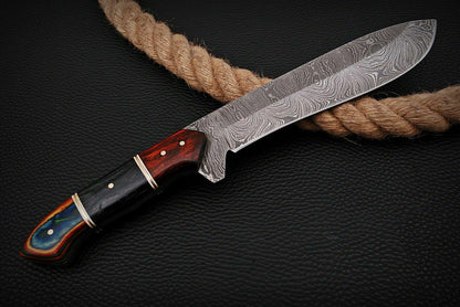 Heritage Forge 13 Inch Handmade Damascus Steel Hunting Bowie Knife with Hardwood Handle and Sheath