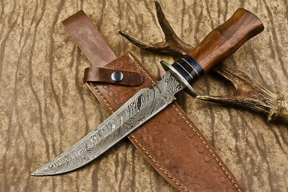 13.5" Damascus Trailing Bowie Knife – Walnut Wood Handle