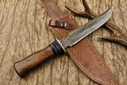 13.5" Damascus Trailing Bowie Knife – Walnut Wood Handle
