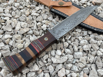 Damascus Steel Bowie Knife with Multi Color Hardwood Handle 12 Inch