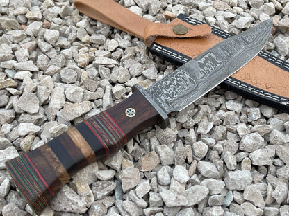 Damascus Steel Bowie Knife with Multi Color Hardwood Handle 12 Inch