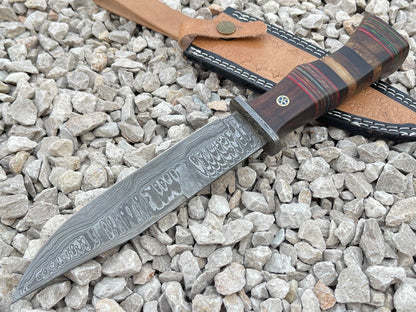 Damascus Steel Bowie Knife with Multi Color Hardwood Handle 12 Inch