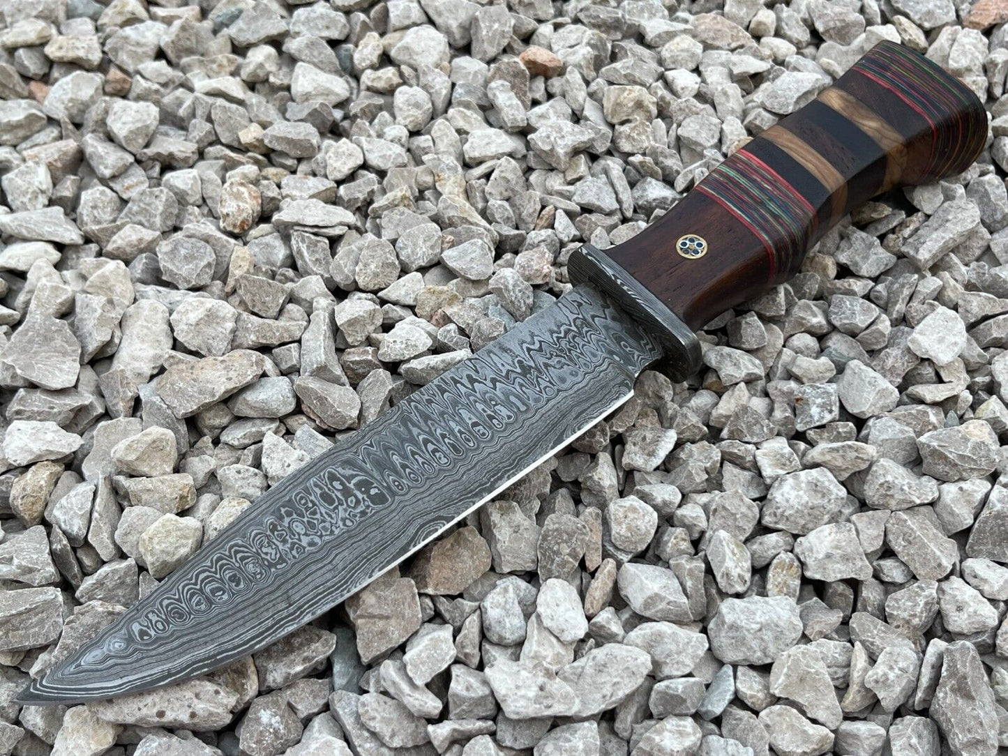 Damascus Steel Bowie Knife with Multi Color Hardwood Handle 12 Inch