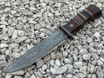 Damascus Steel Bowie Knife with Multi Color Hardwood Handle 12 Inch