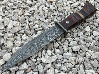 Damascus Steel Bowie Knife with Multi Color Hardwood Handle 12 Inch