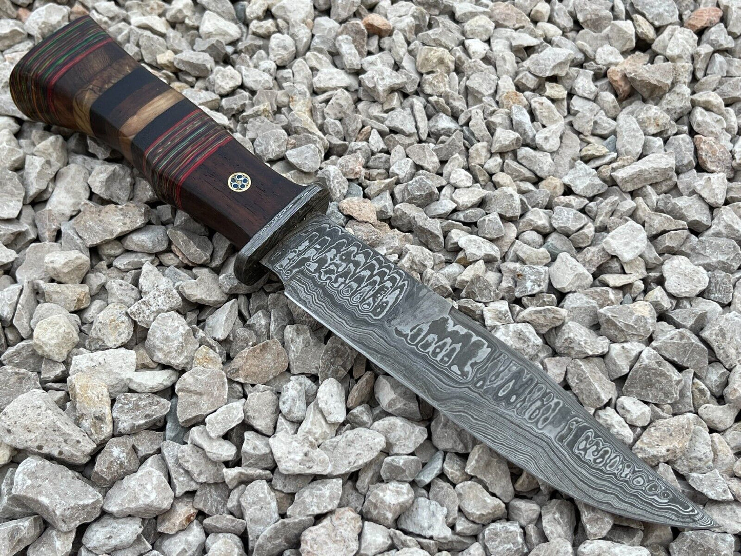 Damascus Steel Bowie Knife with Multi Color Hardwood Handle 12 Inch