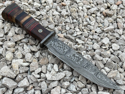 Damascus Steel Bowie Knife with Multi Color Hardwood Handle 12 Inch