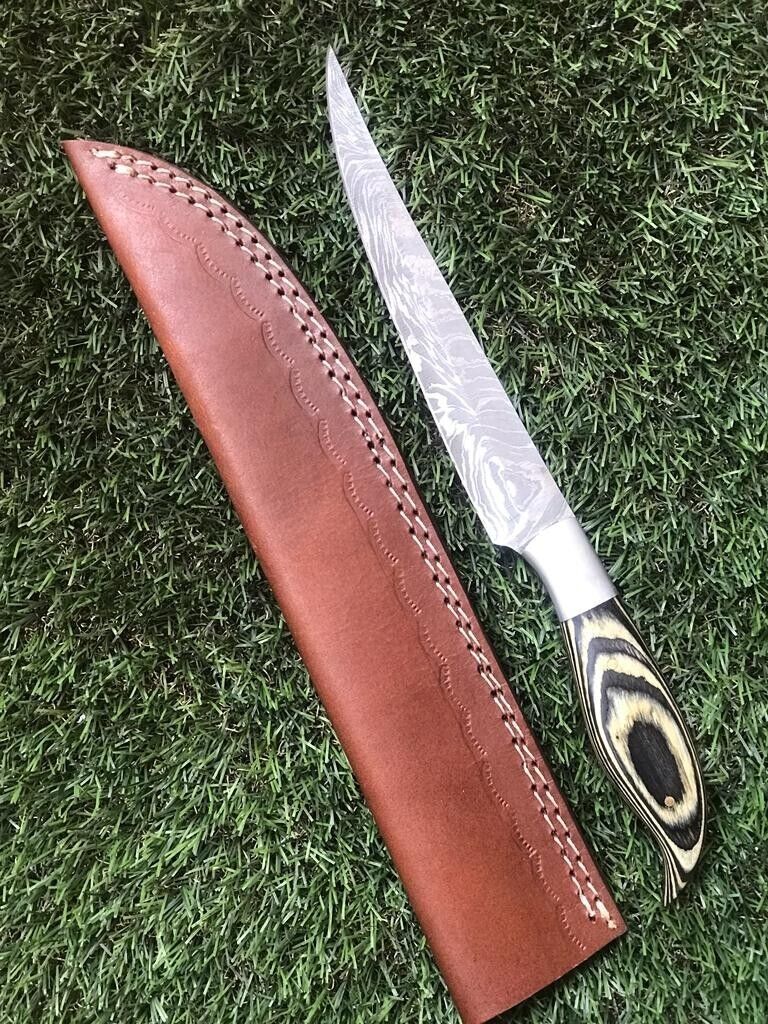 11" CUSTOM DAMASCUS STEEL FILLET KNIFE Damascus Fillet Knife With Leather Sheath
