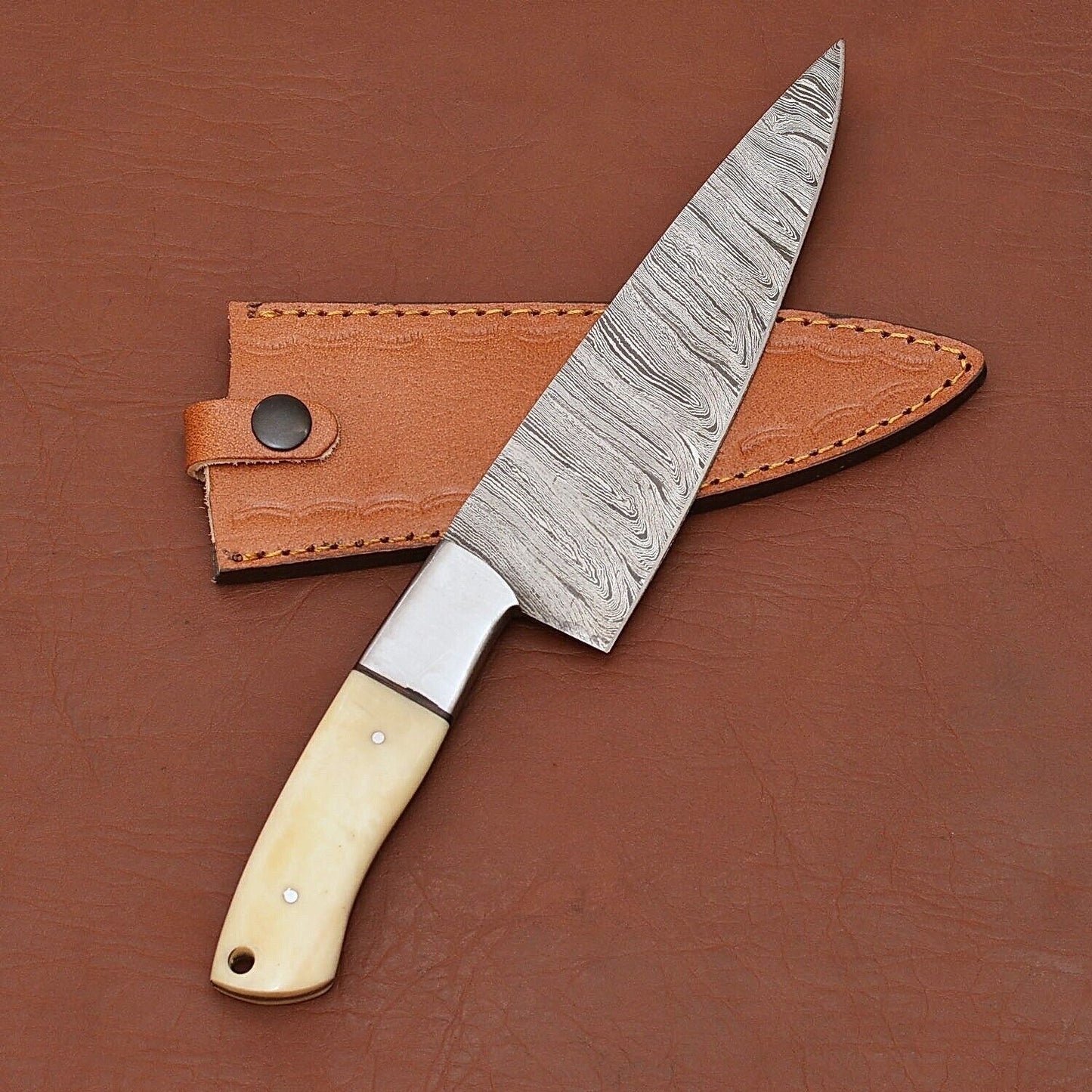 Custom Handmade Damascus Steel Kitchen Knife | 7" Chef Knife with Wood Handle & Sheath