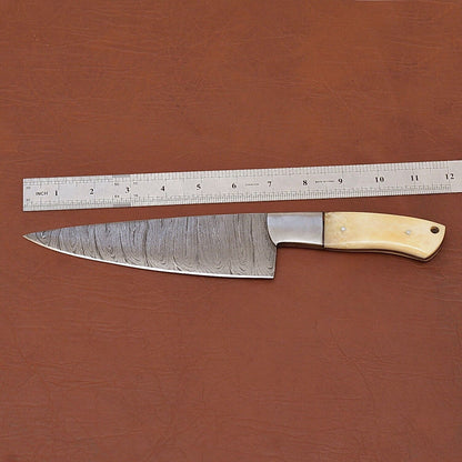 Custom Handmade Damascus Steel Kitchen Knife | 7" Chef Knife with Wood Handle & Sheath