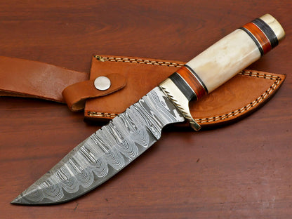 11.5 Inch Damascus Steel Hunting Knife with Camel Bone and Pakka Wood Handle
