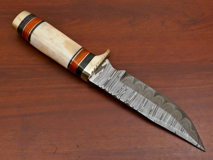 11.5 Inch Damascus Steel Hunting Knife with Camel Bone and Pakka Wood Handle