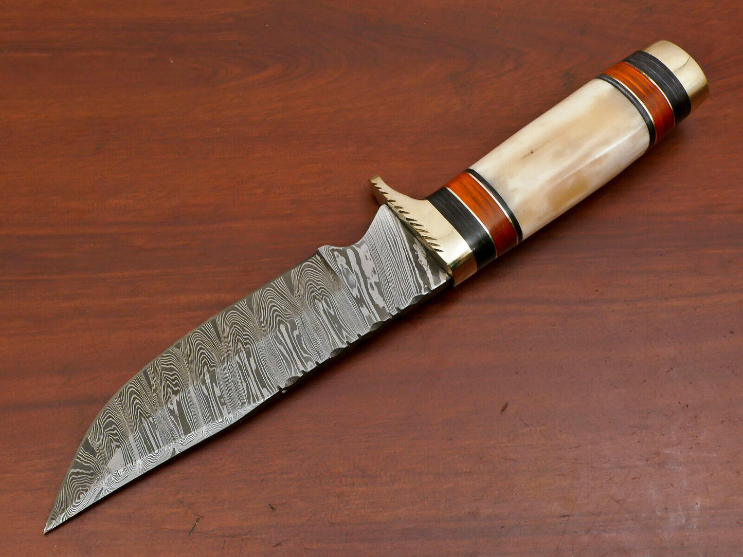 11.5 Inch Damascus Steel Hunting Knife with Camel Bone and Pakka Wood Handle