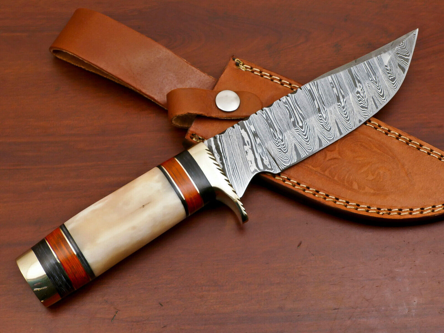 11.5 Inch Damascus Steel Hunting Knife with Camel Bone and Pakka Wood Handle