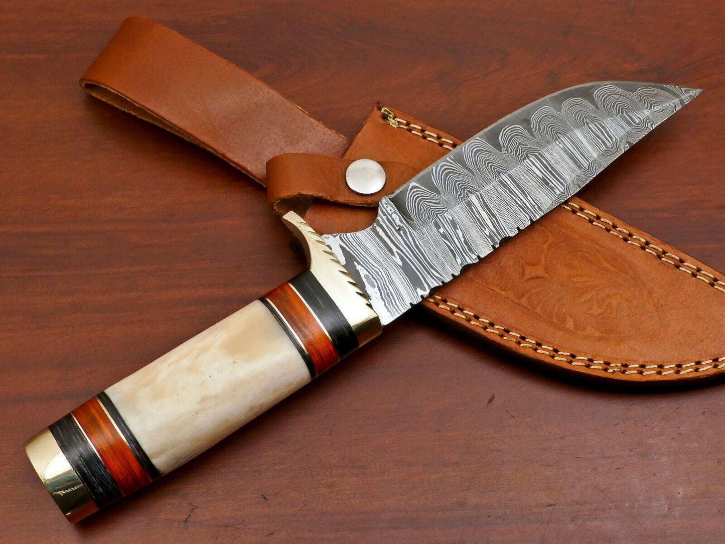 11.5 Inch Damascus Steel Hunting Knife with Camel Bone and Pakka Wood Handle