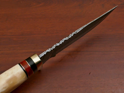 11.5 Inch Damascus Steel Hunting Knife with Camel Bone and Pakka Wood Handle