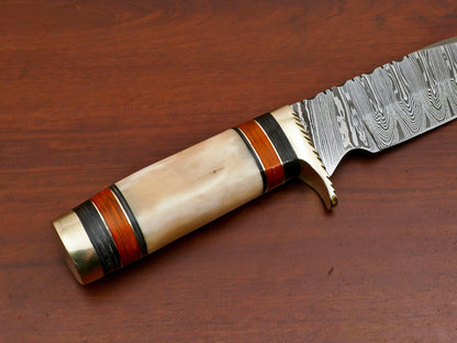 11.5 Inch Damascus Steel Hunting Knife with Camel Bone and Pakka Wood Handle