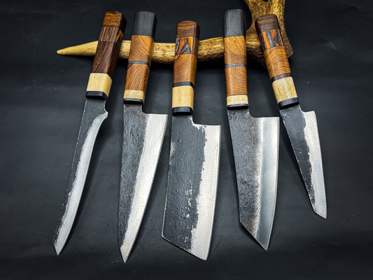 Custom Handmade Damascus Steel Chef Knife Set with Leather Sheath – Hunting and Kitchen Collection