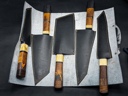 Custom Handmade Damascus Steel Chef Knife Set with Leather Sheath – Hunting and Kitchen Collection