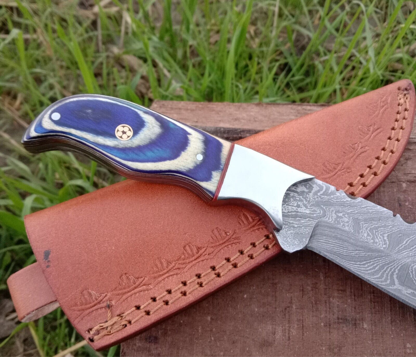 9 Inch Handmade Damascus Bowie Knife with Blue Pakka Wood Handle and Leather Sheath