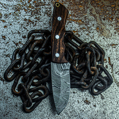 8.5" Handmade Damascus Tactical Bowie Knife – Wood Handle & Leather Sheath
