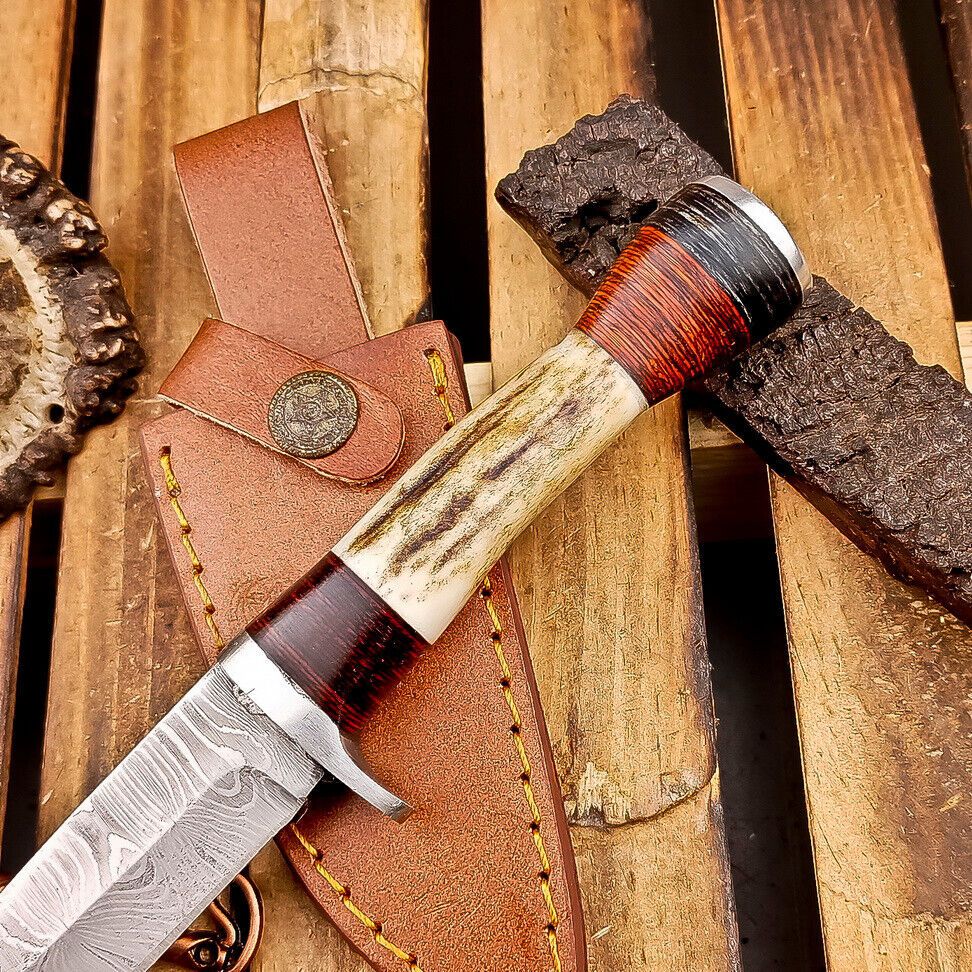 8 Inch Handmade Damascus Steel Bowie Knife with Stag Horn Handle and Steel Bolster