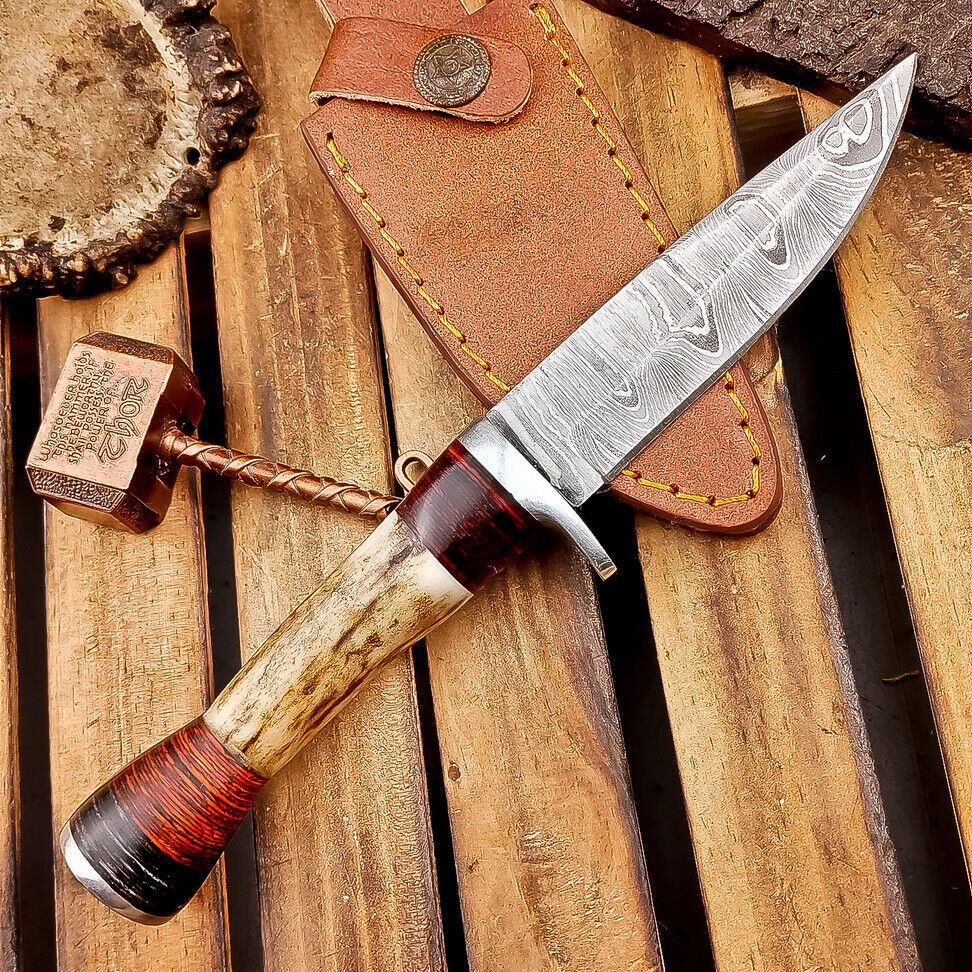 8 Inch Handmade Damascus Steel Bowie Knife with Stag Horn Handle and Steel Bolster