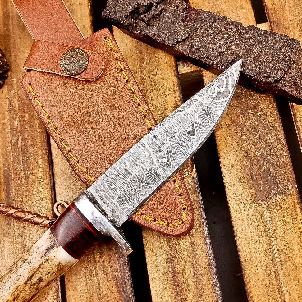8 Inch Handmade Damascus Steel Bowie Knife with Stag Horn Handle and Steel Bolster